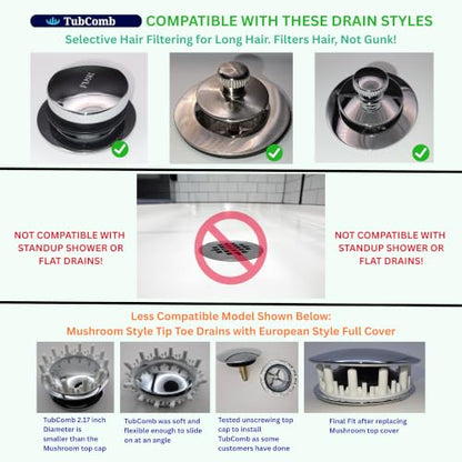 The Selective Tub Drain Hair Catcher, Filters Hair, Not Debris, 3 Pack Fits Lift and Turn, Toe Touch and Pop Up Drains for Longer Human Hair