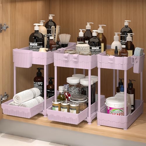 Sevenblue 3-Pack 2-Tier Under Sink Organizers with Sliding Drawers | Multi-use kitchen & bathroom storage, 12.8 inch pink cabinet organizer, space-saving sliding drawer design. - color: Pink, size: 12.8 Inch