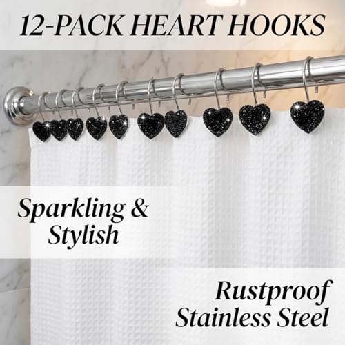 Black Heart Shower Curtain Hooks Sparkling Shower Hooks with Crystal Rhinestones - Stainless Steel Rust Resistant Hooks Holder Bling for Gothic Bathroom Accessories - color: Black
