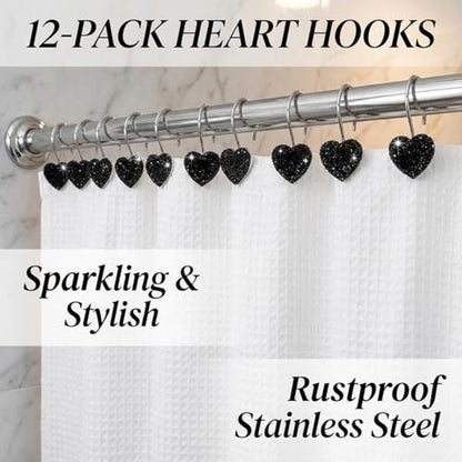 Black Heart Shower Curtain Hooks Sparkling Shower Hooks with Crystal Rhinestones - Stainless Steel Rust Resistant Hooks Holder Bling for Gothic Bathroom Accessories - color: Black