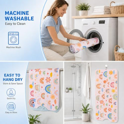Cinrobiye Bath Mat for Tub Non Slip, 40 x 16 Inch Boho Rainbow Bathtub Shower Mat with Suction Cups and Drain Holes, Waterproof Machine Washable Bathroom Mat - color: Rainbow