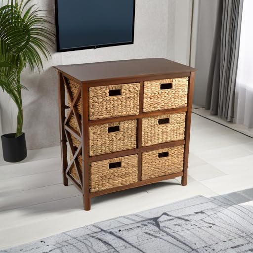 3 Tier X-Side End Storage Cabinet, Walnut | 6 Wicker Baskets - color: Walnut, size: 15.5"D x 29.3"W x 30"H (6 Drawers)