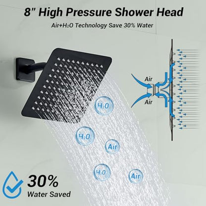 Shower Faucet Set with Valve, 8 Inch Square Rain Shower Head, Matte Black | SUS304 Stainless Steel, Brass Rough-in Valve, Single Handle, Air Pressure Boost, Shower Trim Kit, Male Threads - color: Matte Black