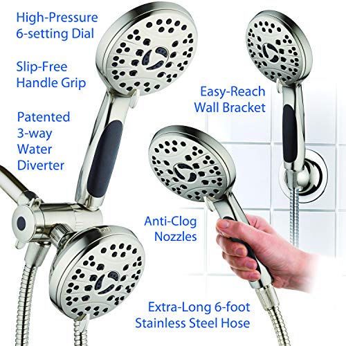 High Pressure 48-mode Luxury 3-way Combo – Dual Rain & Handheld Shower Head – 6 Foot Stainless Steel Hose – Anti Slip Grip – All Brushed Nickel Finish – Top US Brand – Extra Wall Bracket - color: All Brushed Nickel