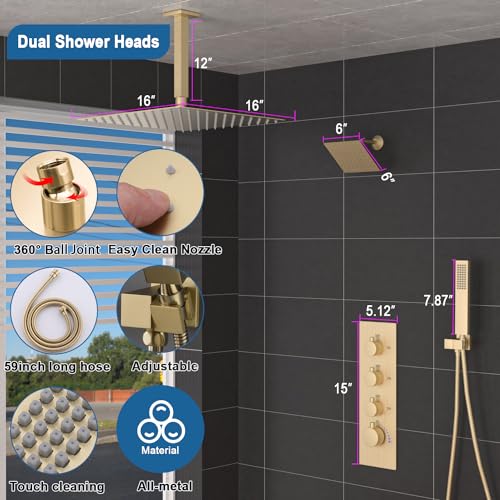 Enga Thermostatic Dual Head Shower System - 16"+6" Ceiling & Wall Mount Rainfall Showerheads, All Functions Simultaneous & Adjustable Volume, Brushed Gold - color: Brushed Gold, style: ‎16"+6" Head