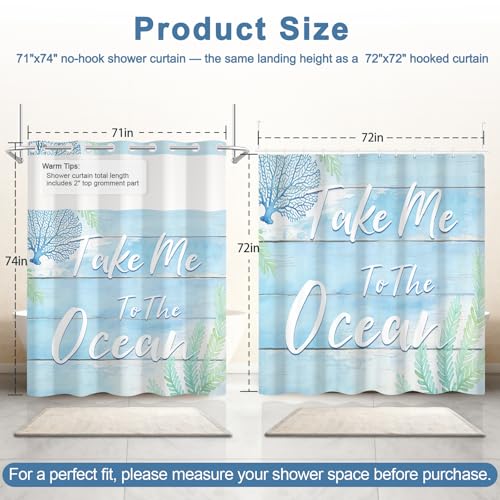 No Hook Shower Curtain and Liner Set with Detachable Liner, Ocean Blue Shower Curtain with Sheer Top Window and Weighted Hem, Waterproof Summer Shower Curtains for Bathroom, 71x74 Inches - color: Fresh Ocean