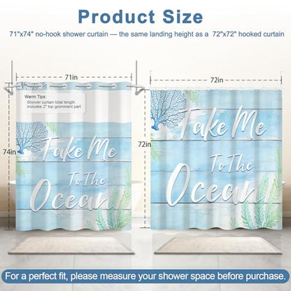No Hook Shower Curtain and Liner Set with Detachable Liner, Ocean Blue Shower Curtain with Sheer Top Window and Weighted Hem, Waterproof Summer Shower Curtains for Bathroom, 71x74 Inches - color: Fresh Ocean