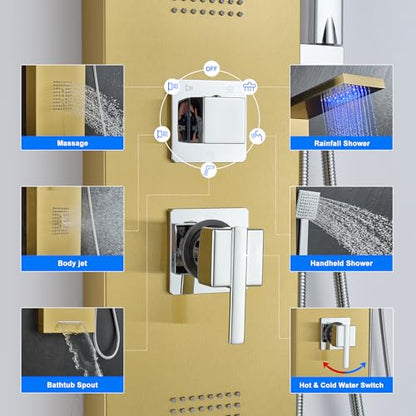 5-in-1 LED Shower Panel Tower System Stainless Steel Gold | Rainfall head | 2 massage jets | Handheld shower | Tub spout | LED lights | Wall mount - color: Gold