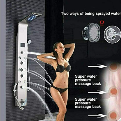 Shower Panel Tower System Stainless Steel LED Rainproof and Waterfall Massage Body Jets