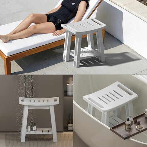 Shower Chair for Inside Shower, Shower Stool with Anti-Slip Foot Covers hold 400 lbs, HDPE Bath Seat with Bottom Storage Rack & Portable Armrest, Bench Chair for Adults, Elderly & Disabled, Light Gray