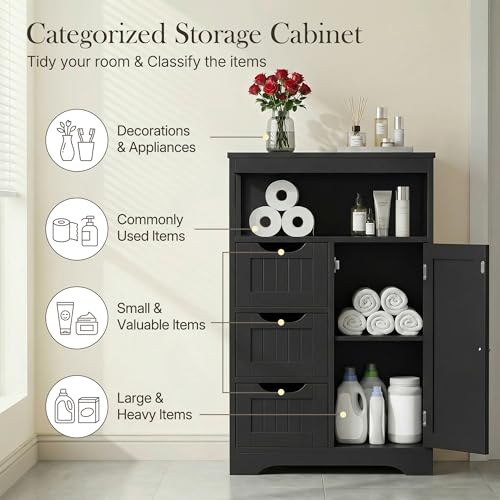 ZenStyle Bathroom Floor Cabinet, Storage Organizer with 3 Drawers and 1 Door, Free Standing Entryway Cupboard for Home Office (Black)