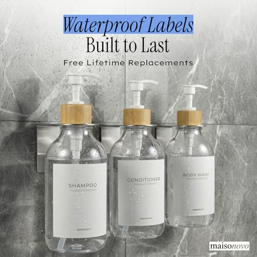 MaisoNovo Shampoo and Conditioner Dispenser|Refillable Clear Bamboo 3-Pack | 500 ml Shower Gel Dispenser Set of 3. Refillable Shampoo and Conditioner Bottles. Drill Free Secure Design. Clear Bamboo - color: Clear Bamboo Set of 3