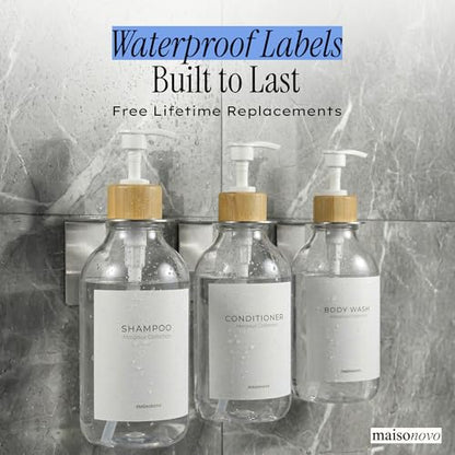MaisoNovo Shampoo and Conditioner Dispenser|Refillable Clear Bamboo 3-Pack | 500 ml Shower Gel Dispenser Set of 3. Refillable Shampoo and Conditioner Bottles. Drill Free Secure Design. Clear Bamboo - color: Clear Bamboo Set of 3