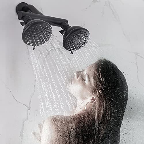 High Pressure Double Shower Head with Shut-Off Valve and Shower Arm Set Solid Brass Casting Dual Outlet Manifold Dual Shower Fixed Head 3 Function Shower Heads Sprayers, Matte Black - color: Matte Black
