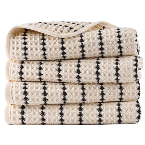 POLYTE 430 GSM Poly Blend Microfiber Quick Dry Waffle Hand Towel, 16x30 in | 4 Pack, Oversize, Lint Free, Quick Dry, Hanging Loop - color: Light Beige/Black
