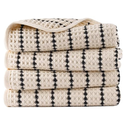 POLYTE 430 GSM Poly Blend Microfiber Quick Dry Waffle Hand Towel, 16x30 in | 4 Pack, Oversize, Lint Free, Quick Dry, Hanging Loop - color: Light Beige/Black
