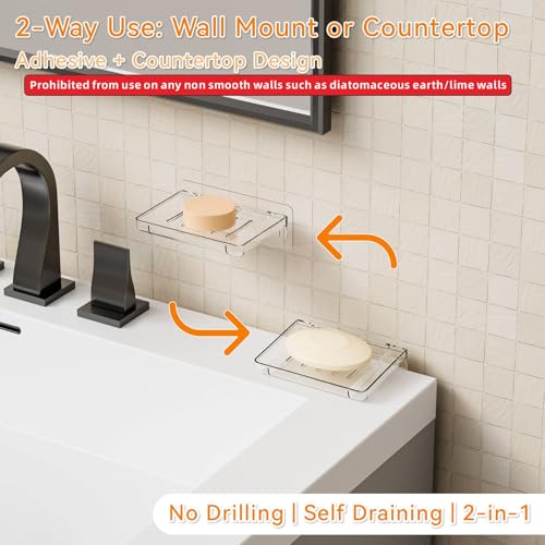 SUOXING 2 Pack Bar Soap Holder for Shower Wall,Self Draining Adhesive Soap Holder,Rustproof Wall Mounted Acrylic Shower Soap Rack & Caddy for Bathroom,Bath,Kitchen,No Drilling PlasticSoap Shelf,Clear - color: Clear