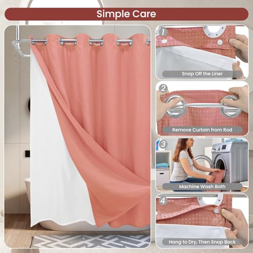 No Hook Shower Curtain Set with Snap-in Detachable Liner, 230 GSM Waffle Weave Fabric, Heavy Duty Water-Repellent, Terracotta, 72 x 86 Inch - color: Terracotta, size: 72"W x 86"L (Pack of 1)