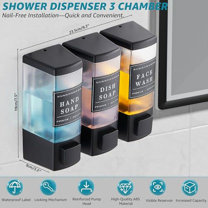 Shampoo and Conditioner Dispenser for Shower, 3 Chamber, Black | Wall Mounted, No Drill, 3×16.9oz, ABS Plastic Material, Refillable With Labels, For Bathroom Hotel - color: Dm35-black