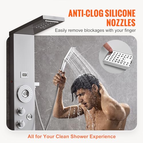 VEVOR Shower Panel Tower System, 6 Shower Modes, LED & Display Shower Panel, Rainfall, Waterfall, 4 Body Massage Jets, Tub Spout, Handheld Shower Head 59" Hose, Stainless Steel Wall-Mounted Shower Set