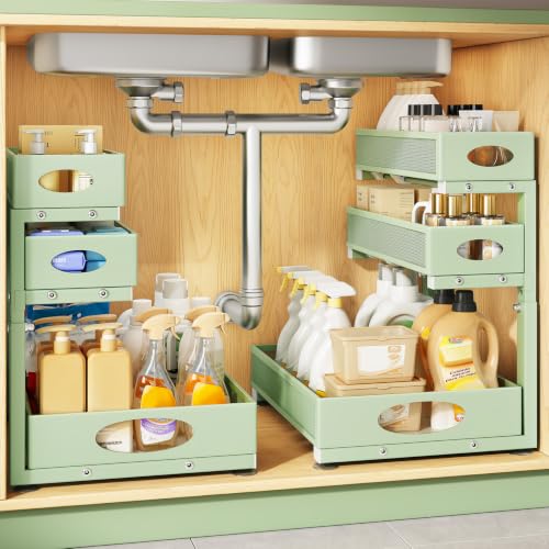 Kitstorack Under Sink Organizer 3-Tier Slide Out Drawer 2-Pack Green | Height Adjustable, Metal Mesh Storage Rack, Pull out Cabinet Organizer Shelf for Bathroom Kitchen Pantry Home Organization - color: Green, size: 2-Pack