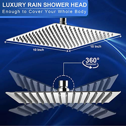 Rain Shower Head - 10 Inch High Pressure Shower Heads 304 Stainless Steel Ultra Thin Square Showerhead Pressure Boosting Design, Ceiling or Wall Mount