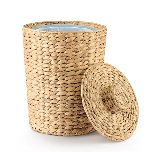 Tidita Water Hyacinth Bathroom Garbage Can with a Lid, 2 Gallon Capacity | Water Hyacinth, Iron Frame, Removable Liner, Compact, Handwoven Design, Boho Style, Kitchen, Bedroom, Office, No Assembly - color: Natural, size: 2 Gallons