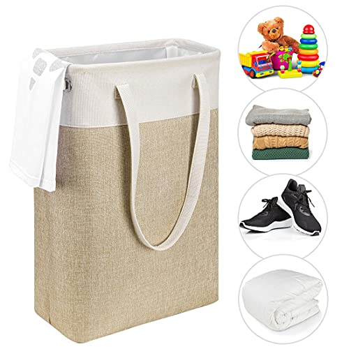 Laundry Basket with Handles Beige&Khaki-Slim Laundry Bin Collapsible Dirty Clothes Basket Narrow Laundry Bag Foldable Dirty Hamper for Camping, Dorms, Apartments - color: Beige&Khaki