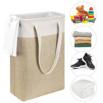 Laundry Basket with Handles Beige&Khaki-Slim Laundry Bin Collapsible Dirty Clothes Basket Narrow Laundry Bag Foldable Dirty Hamper for Camping, Dorms, Apartments - color: Beige&Khaki