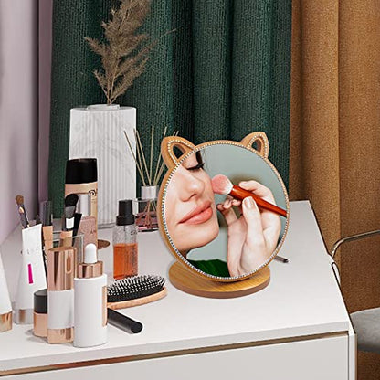 Vanity Makeup Mirror with Crystal Rhinestone Girls Desk/Tabletop Mirror Cute cat Shape for Counter top in Bedroom/Bathroom (6.7")