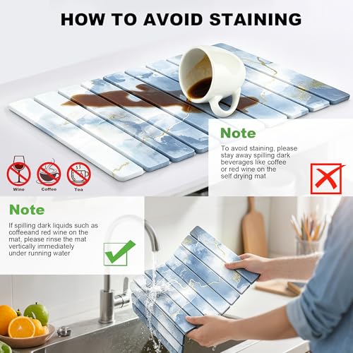 Stone Drying Mat for Kitchen Counter, Quick Diatomaceous Earth Mats for Dishes, 24"L x 16" W Super Absorbent Fast-Drying Collapsible Countertop Stone Mat (Marble White Blue, 24" x 16") - color: Marble White Blue
