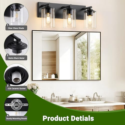 3-Light Bathroom Light Fixtures, Matte Black Bathroom Vanity Lighting Over Mirror with Clear Glass Shades, Modern Vanity Lights for Bath Wall Sconces Lamp for Powder Room, Bedroom, Hallway - size: 3-Light