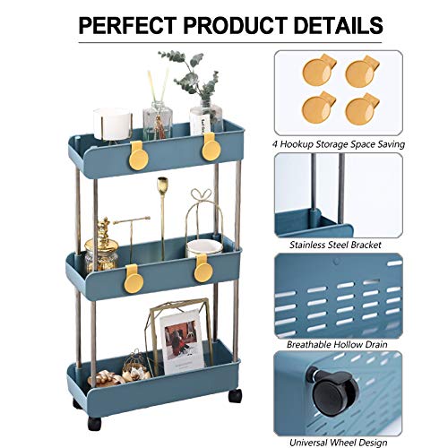 Melody House 3-Tier Slim Mobile Shelving Unit on Wheels, Slide Out Rolling Bathroom Storage Organizer, Utility Carts Shelf Rack for Kitchen Bathroom Laundry Room Narrow Places, Navy Blue - color: Navy Blue- 3 Tier