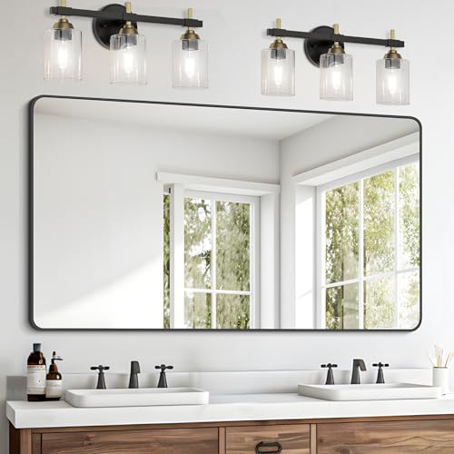 FORBATH Bathroom Mirror 30" x 55", Large Rectangular Wall Mirror with Black Aluminum Frame Rounded Corner, Wall Mounted Mirror for Bathroom Bedroom Entryway Living Room - color: Black, size: 55"L x 30"W