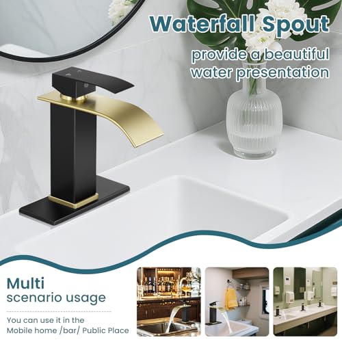 Bathroom Faucets Black and Gold Waterfall Bathroom Sink Faucet | with Pop-up Drain Supply Hoses and Deck,Single Handle Vanity Faucet,Stainless Steel,1 or 3 Hole,RV,Farmhouse Bathrooms - color: B-Black and Gold, style: Short