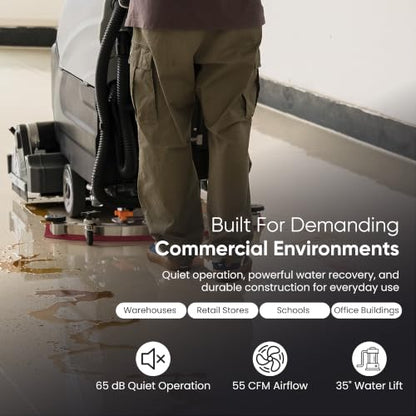 Battery-Powered Sweep & Scrub Commercial Floor Cleaning Machine, 25.5" Cleaning Path, 35" Squeegee, 14.5/17 Gal Tanks, Self-Propelled, 4-Hour Runtime, 2-Year Warranty