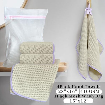 VOOVA & MOVAS Bathroom Hand Towels 4 Pack, 100% Cotton, 28x16 in, Beige | Versatile for Guest Bathroom Use, Built-in Hanging Loop, Purple Piping, Waffle Weave Texture - color: Purple Piping, size: 4PC Hand Towels (16"x28")