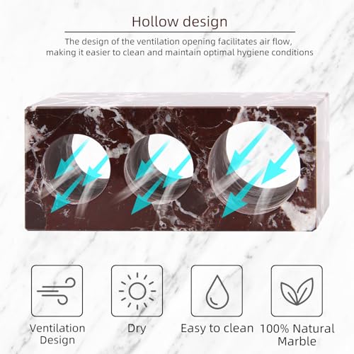 Natural Marble Toothbrush Holder, Rosso Lepanto, 3 Slots | Large Bathroom Organizer Countertop, Ventilation Design, Stone Toothbrush and Toothpaste Stand, Non-Slip Silicone Pads - color: Rosso Lepanto, size: 3 Slots