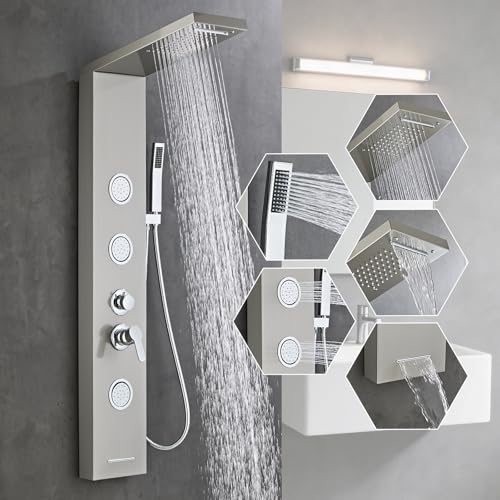 5-In-1Shower Panel Tower System-Brushed Gray | 304 stainless steel Shower Panel Column Tower With Powerful Body Jets,Body Spray,Rainfall,Waterfall,Handheld And Tub Spout - color: Gray