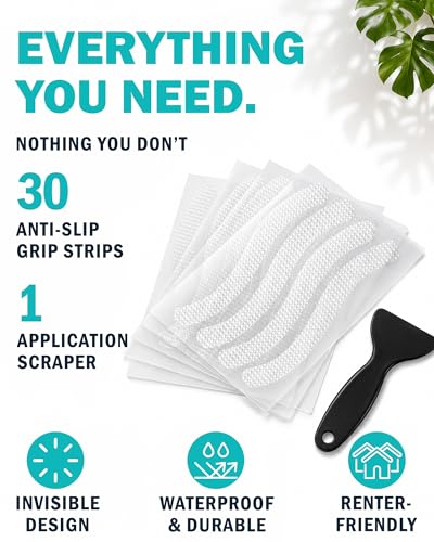 Anti-Slip Shower Stickers, Non-Slip Bathtub Appliques, Tub & Bath Strips | 30-Pack for Fuller Coverage | Clear, Low-Profile Design | Includes Scraper for Easy Application - color: Clear