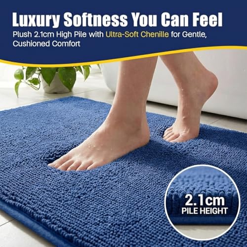 Muddy Mat® CloudStep Bathroom Rugs 2 Piece Set, Non Slip Bath Mats for Bathroom, Absorbent Memory Foam Chenille, Machine Washable Quick Dry Toilet Rug Set, Navy Blue 20"x30" + 20"x20" U-Shaped - color: Navy Blue