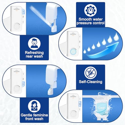 Bidet Attachment for Toilet, Non-Electric Ultra-Slim Bidet Toilet Seat Adjustable Water Pressure with Self-Cleaning Dual Nozzle (Frontal & Rear Wash), White