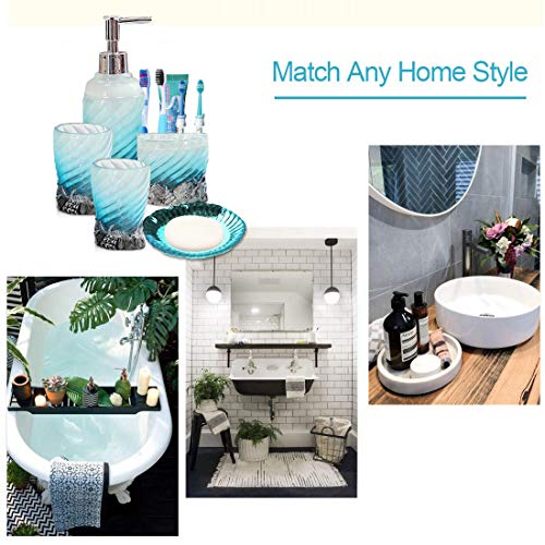 Bathroom Accessory Set, 5 PCS Bath Ensemble Set Includes Soap Dispenser, Soap Dish, Tumbler, Toothbrush Holder - Polyresin Glass for Home, Office, Superior Hotel - color: Sky Blue