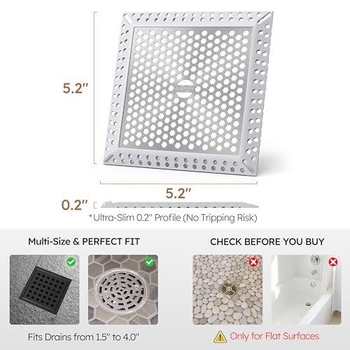Square Shower Drain Hair Catcher, Efficient Drainage, Gray, 4 inch | 304 Stainless Steel and TPE Material/ Stays in Place / Easy Clean / Anti-Clogging / Fits Bathroom Hair Catcher for Shower - color: Gray, size: 4 inch