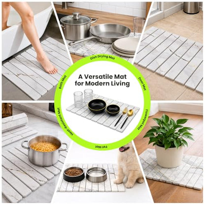 Large Stone Dish Drying Mat for Kitchen Counter, Foldable & Super Absorbent Diatomaceous Earth Drying Pad for Dishes, Cups, Bottles with Anti-Slip Mesh & Quick Dry (White Marble 24"L x 16"W) - color: White Marble