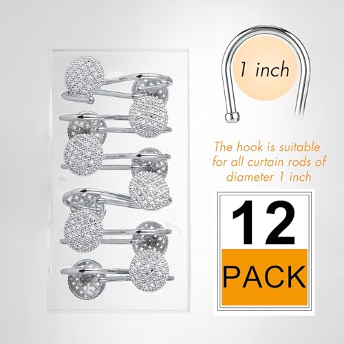 Pearlbee Chrome Shower Curtain Hooks, Round Beaded Design 12Pcs Zinc Alloy | Rustproof heavy duty, 4mm silver zinc alloy,Rrustproof, anti-drop, Smooth glide,Fits shower curtain & liner,Modern Decorative - color: Chrome