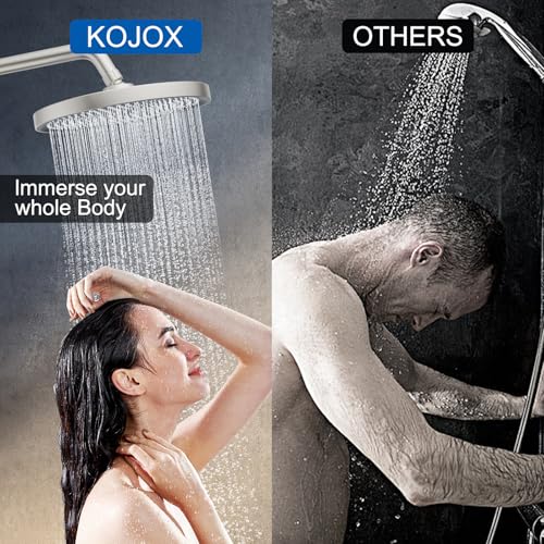 KOJOX Thermostatic Shower System 10-Inch Rainfall Shower Head - 3 Setting Handheld Sprayer, Complete Bathroom Set with Faucet Mixer Trim Kit & Valve Brushed Nickel, KJT1005N
