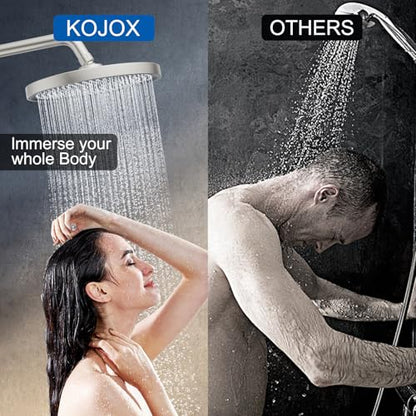 KOJOX Thermostatic Shower System 10-Inch Rainfall Shower Head - 3 Setting Handheld Sprayer, Complete Bathroom Set with Faucet Mixer Trim Kit & Valve Brushed Nickel, KJT1005N