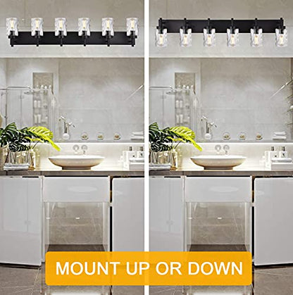 BONLICHT Transitional Bath Vanity Light Fixture 6 Light Black Wall Sconce Bathroom Lighting with Clear Hammered Glass, Industrial Farmhouse Metal Wall Mount Light for Kitchen Living Room Dining Room - color: Black, size: 6 Lights