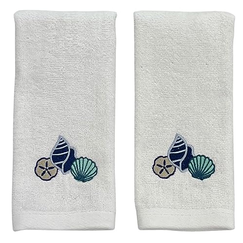 Serafina Home Summer Soft Absorbent Bathroom Coastal Guest Embroidered Fingertip Towels: Summer Shells and Coral Sea Life Design, 2 Piece 12" x 18" Inches - color: Shells